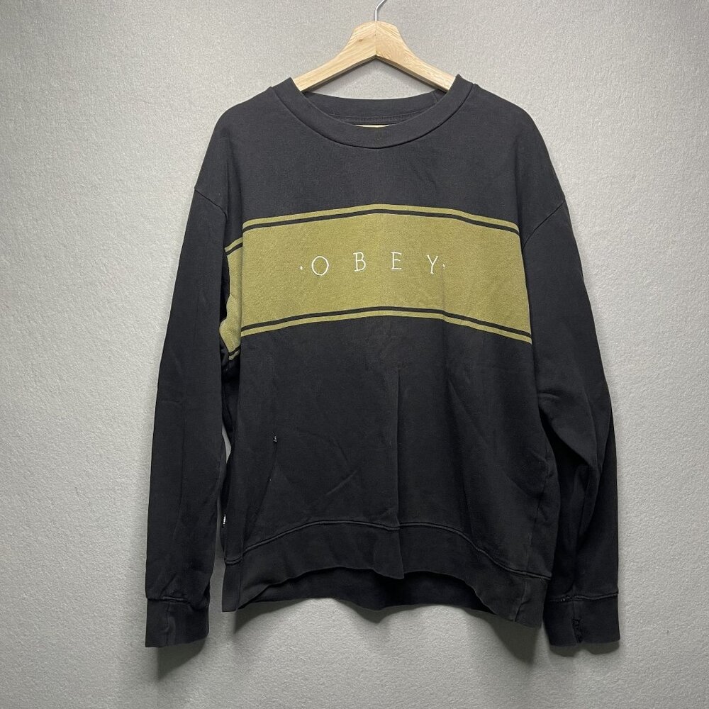 Obey Roebling Crewneck Distressed Embroidered Olive Black